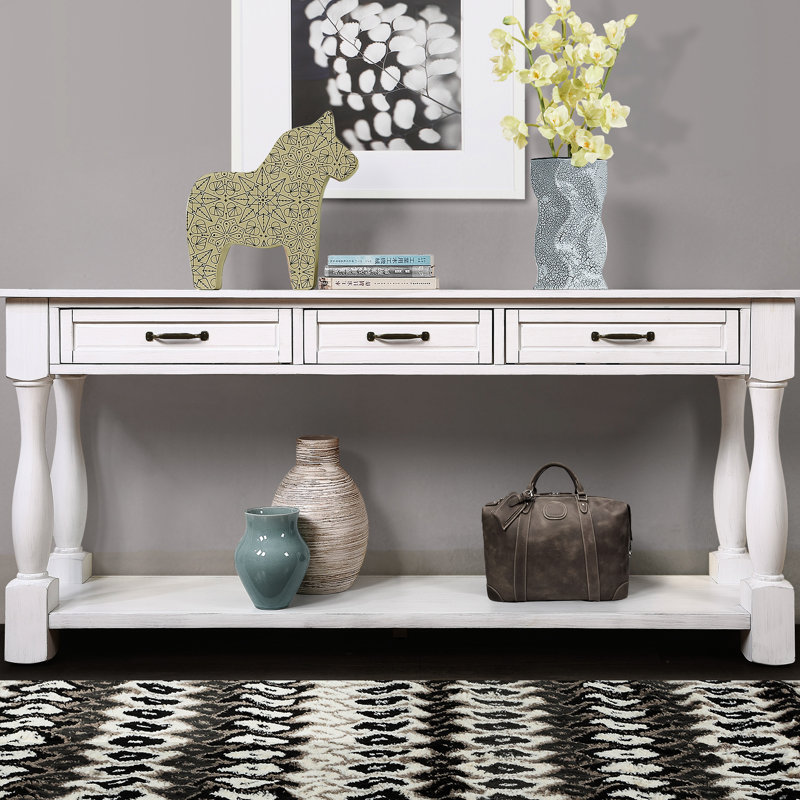 Longue console avec 3 tiroirs et une tablette inférieure, 63 pouces, bois massif, assemblage facile, blanc antique, assez grande étagère de salon en bois