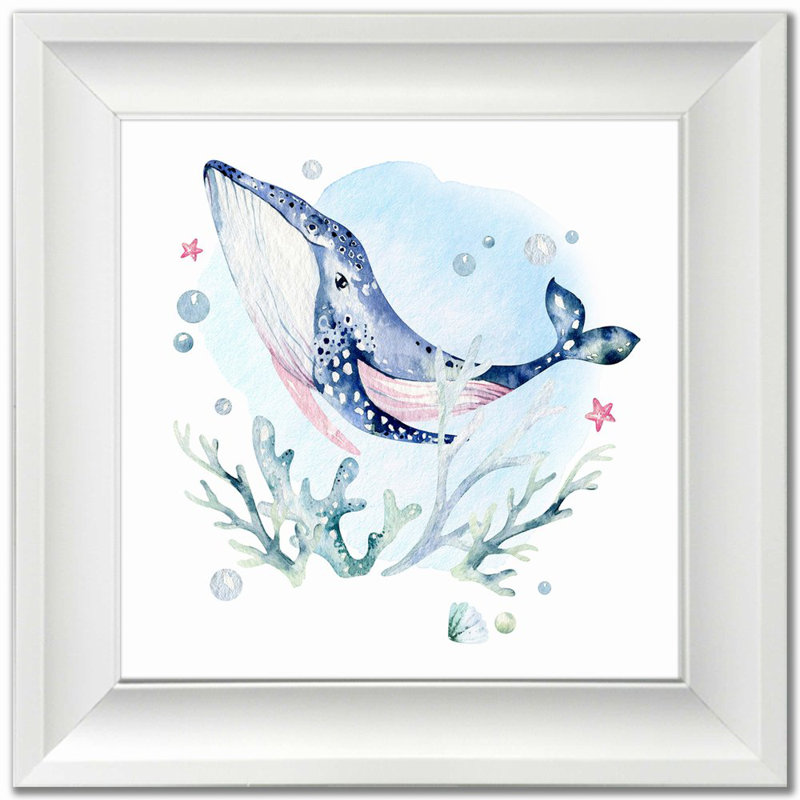 Baleine, art mural, Cadre d'angle fermé blanc, H 17,5 po x l 17,5 po