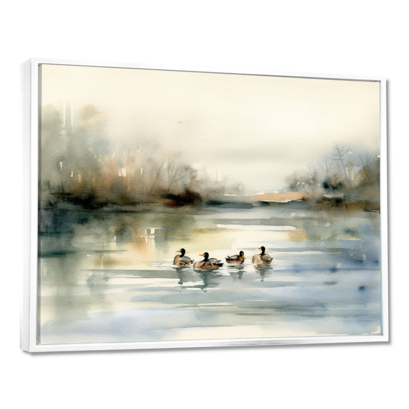 «Ducks in Pond II», art mural sur toile, H 12 po x l 20 po x P 1 po, Cadre flottant blanc