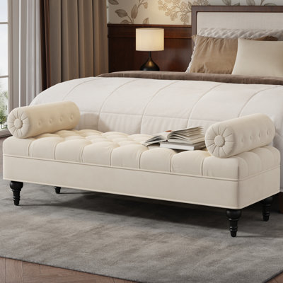 Modern Beige Upholstered For Bedroom End, Comes With 2 Detachable Pillows, Comfortable Foot Rest, Wooden Frame, High - Density Foam Filling