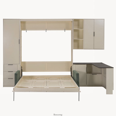 Queen Murphy Wall Bed with Hydraulic Storage, Sofa, Shelves, Drawers and LED USB Lighting, Cream Panel with Green Sofa