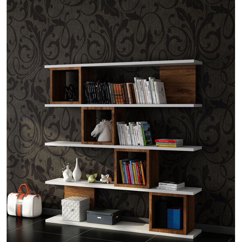 Modern Bookshelf with Numerous Shelves, White & Walnut, 47.2 x 47.2 x 7.7 inches | 100% Melamine Coated Particle Board, Thickness: 0.7 inches | Wall-Mountable Design, Stylish & Functional Storage Solution for Home & Office