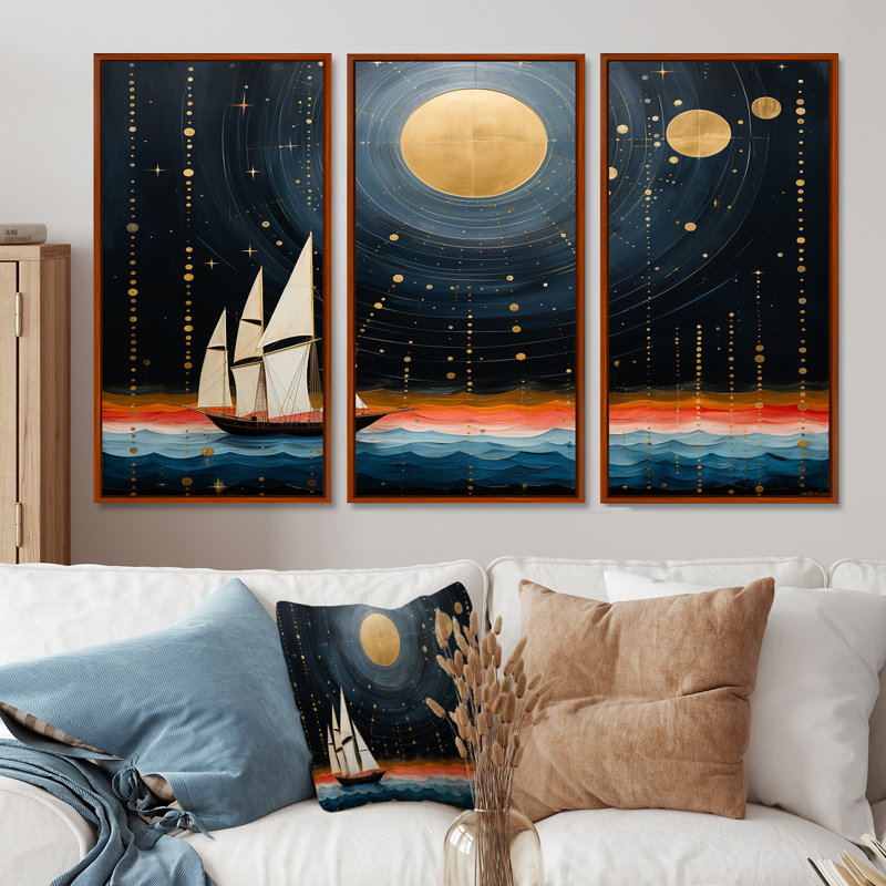 Voilier guidé par Dieu, pleine lune, océan, tranquillité - ensemble d'art mural paysage abstrait, H 28 po x l 36 po x P 1 po