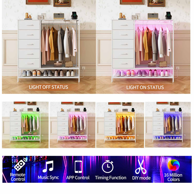 47.2'' W 5 - Drawer Dresser for Bedroom with Hanging Rack Led Lights and Charging Station, White