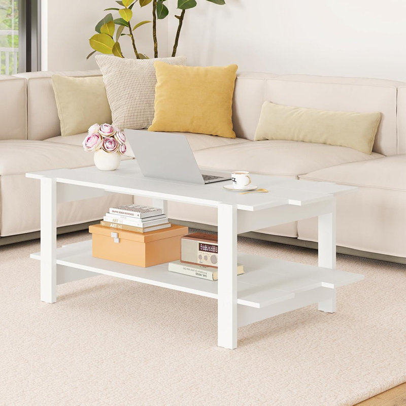 Table basse moderne avec design à lattes et rangement - Blanc