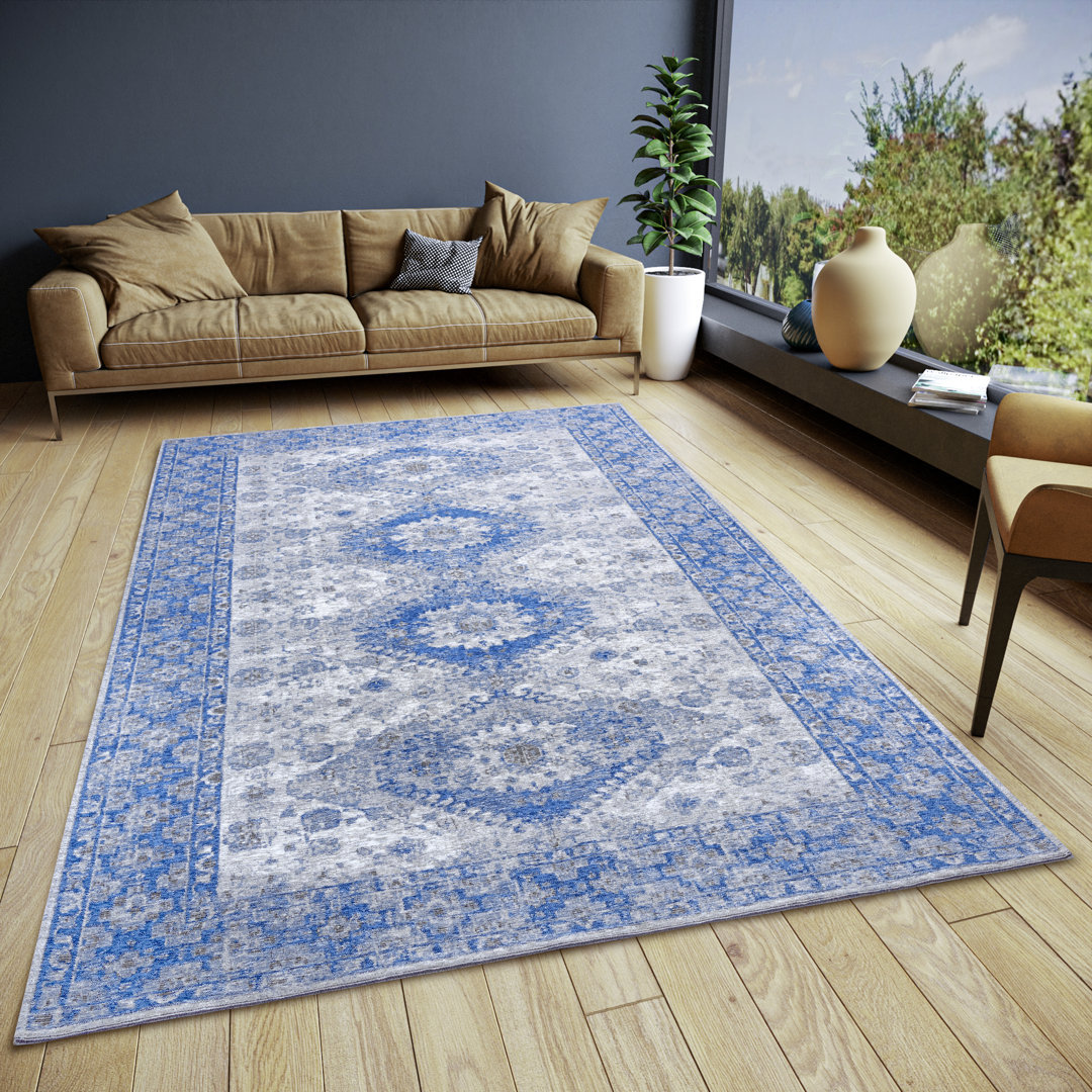 Bila - Pare Teppich, Orientalisch, Flachgewebe, Vintage, Rutschfest, Wohnzimmer, Flur – Grau Blau