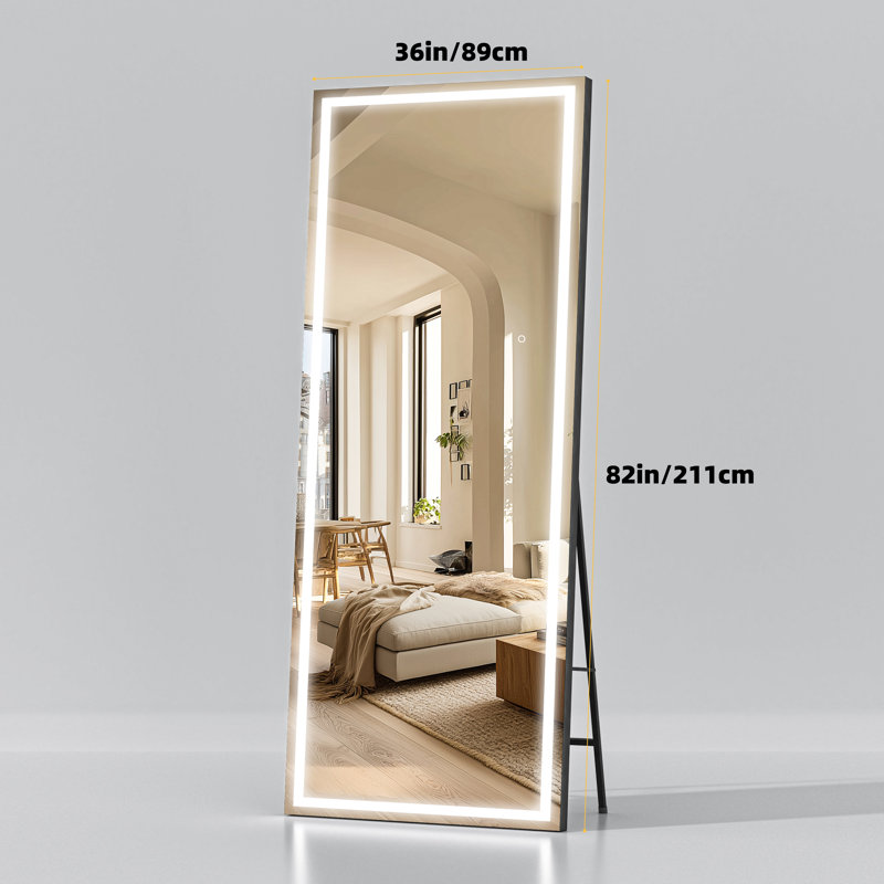 Modern & Contemporary Lighted Full Length Mirror with Temepered Glass & 3 Years Warranty, White, 82" x 36"