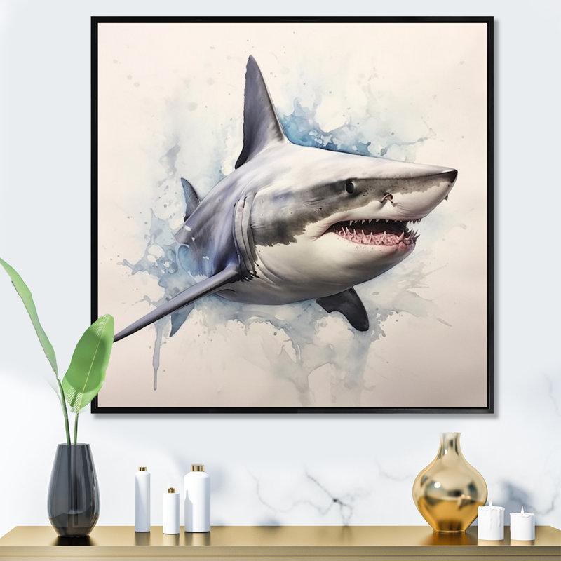 Fierce Shark I - animaux, reproduction sur toile, Cadre flottant noir, 16" H x 16" W
