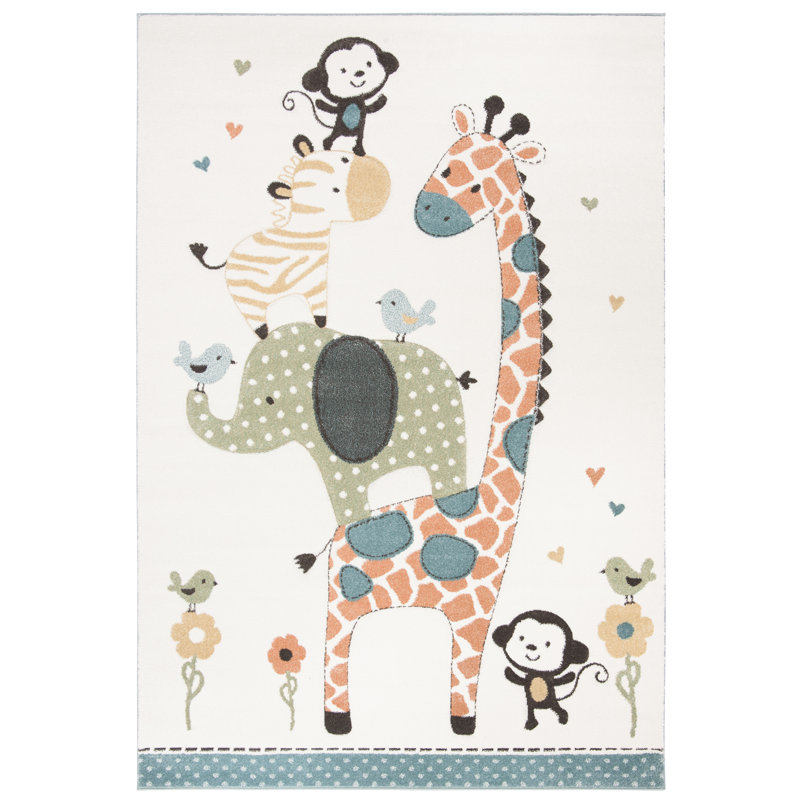 Carousel Kids Baby Animal Area Rug In Ivory, Rectangle 69 x 122 cm