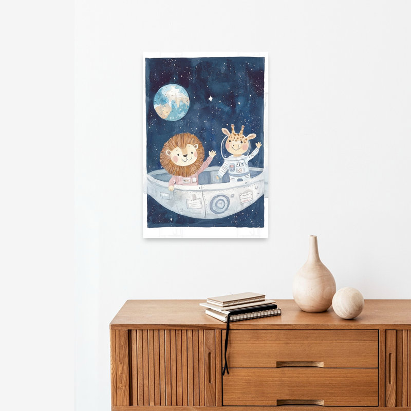 Lion, girafe, espace, aventure, paysage contemporain contemporain, impression d'art mural, H 24 po x l 16 po