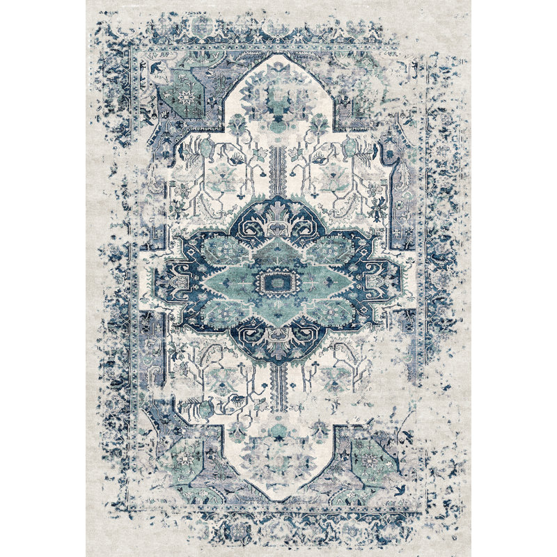 Machine Washable Oriental Blue/Green/Gray Area Rug, Rectangle 5'3" x 7'3"