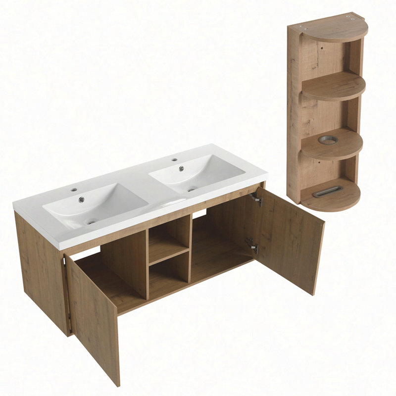 48" Wall-Mounted Bathroom Vanity With Double Sink and Storage Rack, Soft Close Doors