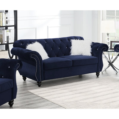 Velours de luxe indigo avec garniture cloutée et dossier argentés, silhouette classique, coussins inclus, l 2 po x l 34 po x H 37 po, 2 sièges traditionnels pour la décoration intérieure,