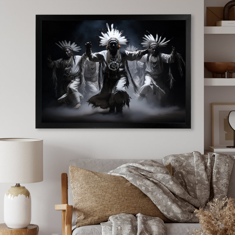 Native Art Dance Of Spirits Framed On Canvas Print, H 24 po x l 32 po x P 1 po, Cadre simple noir