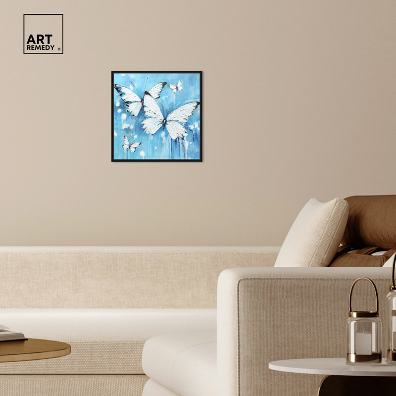 Art Remède avec papillons bleus texturés encadrés 56175, Cadre flottant doré, H 17 po x l 17 po