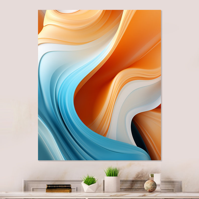 «Blue and Orange Fractal Curves In Motion II», reproduction d'art mural en métal fractal, H 32 po x l 16 po x P 1 po