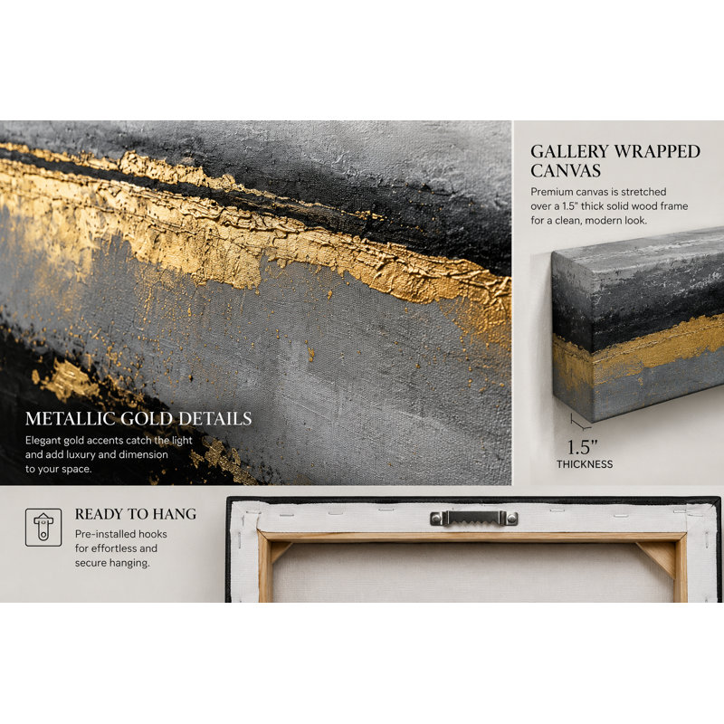 Abstract Black and Gold Textured Horizon Wrapped Canvas Wall Art, 24" H x 48" W