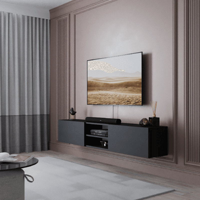 Waco 70'' Floating TV Media Console 2-Doors, Modern Wall-Mounted Wooden TV Stand Black, Black