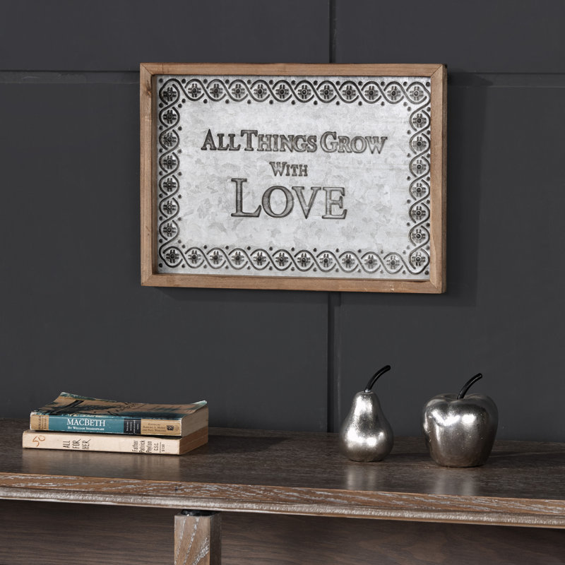 «All Things Grow with Love» - Cadre photo, art textuel pinte sur métal