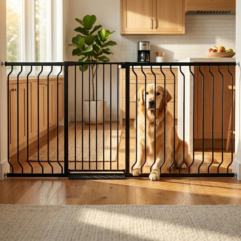 Golden retriever sitting behind a pet safety gate in a warm modern kitchen