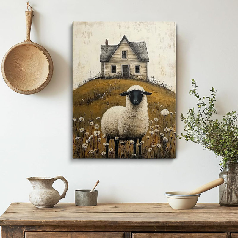 Rustic Black Faced Sheep With Farmhouse Canvas Wall Art - Countryside Dandelion Field Print - Cozy Home Decor For Living Room Bedroom Cabin - HD Waterproof Stretched Framed Ready To Hang 12X16 Inches