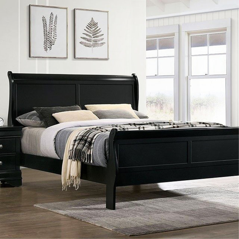 Lit en bois massif noir 1pc, Lit double