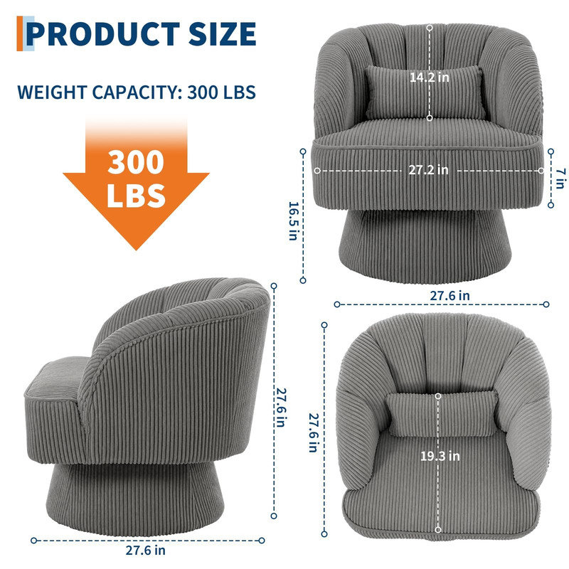 Fauteuil demi-tonneau pivotant en velours côtelé moelleux, canapé de lecture rond confortable avec dossier rayé pour la chambre à coucher
