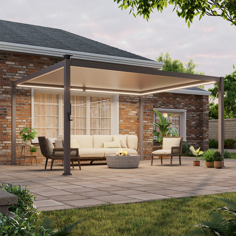 Solar LED Louvered Pergola, Outdoor Pergola with LED Strip Lights & Hardtop Metal Pergola with Adjustable Roof, 12 ft x 14 ft