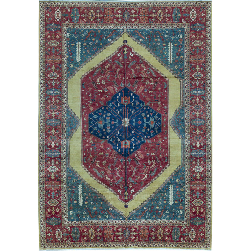 Tapis bleu et rouge noué à la main de haute qualité