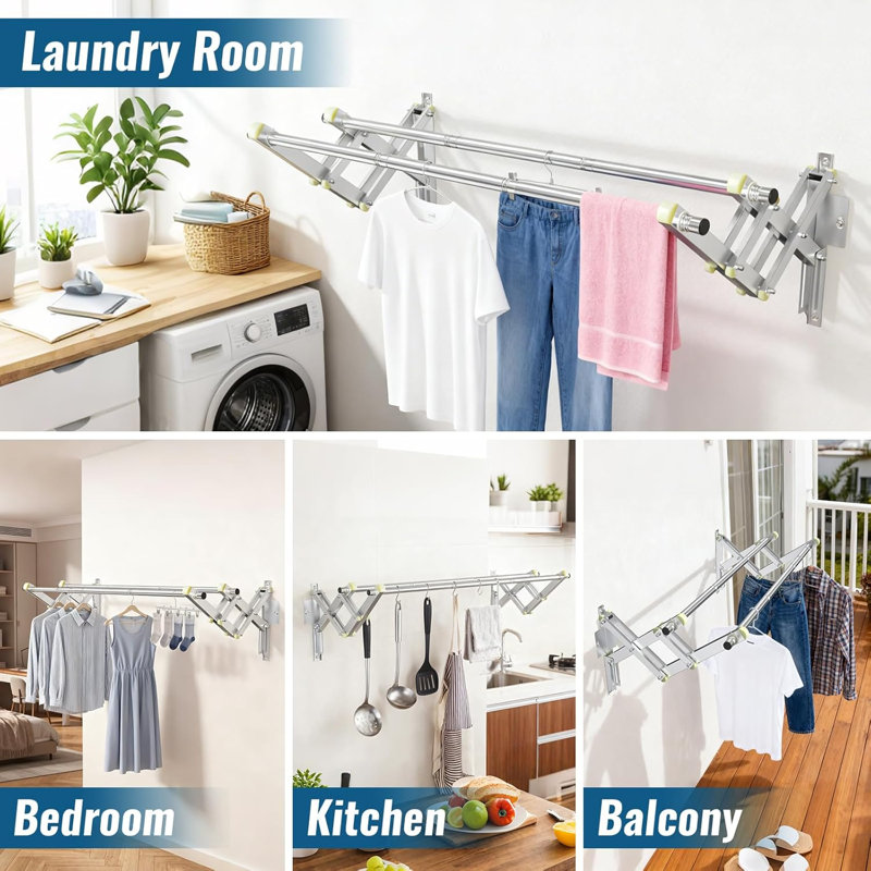 Foldable Wall Mounted Clothes Rack-Double 44'' Long Rod&2 Bases