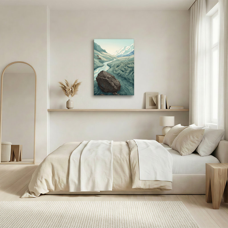 Grand rocher près d'une rivière sinueuse et de montagnes enneigées, art mural, H 24 po x l 16 po