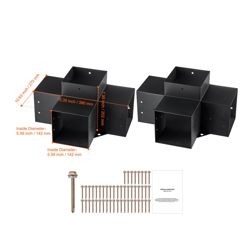Ensemble de 2 supports de pergola robustes 6 x 6, connecteur de poteau en acier noir à 4 voies pour la construction de patio et d'abri de jardin