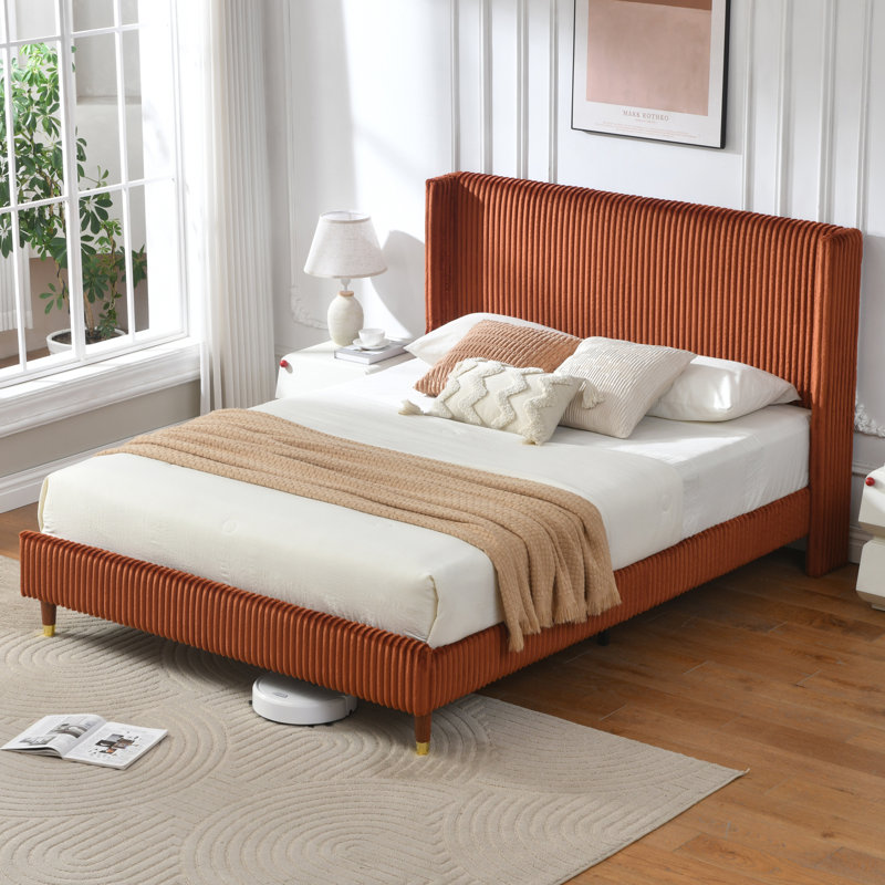 Luxury Modern Wingback Corduroy Upholstered Bed, Queen, Ocher