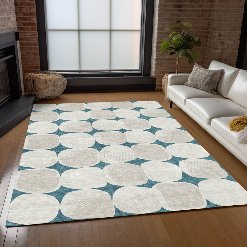Tapis intérieur / extérieur en polyester tissé à la machine à motif abstrait mâle sarcelle mâle, Rectangle 5 pi x 7 pi 6 po
