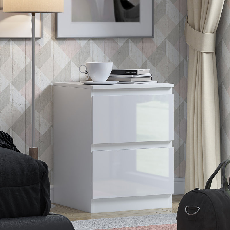 FWStyle Derck 2 Drawer Bedside Cabinet - White Gloss Front