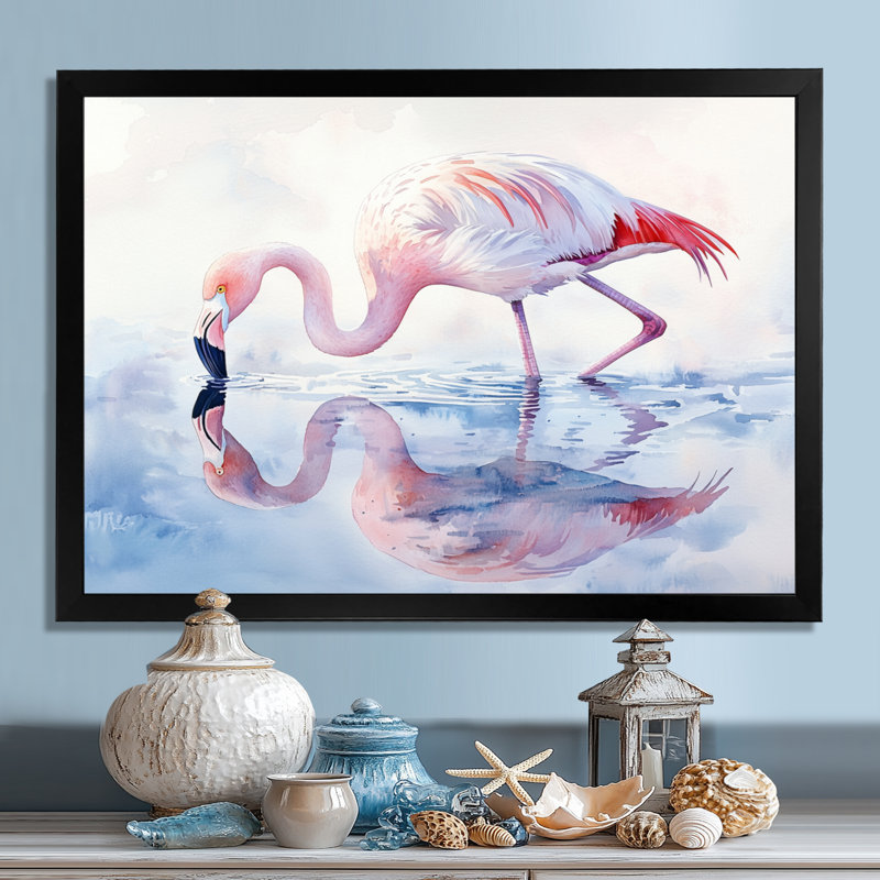 Flamingo Reflections - Art mural flamant pour salon, Cadre simple, Noir, noir, noir, noir, H 16 po x l 32 po