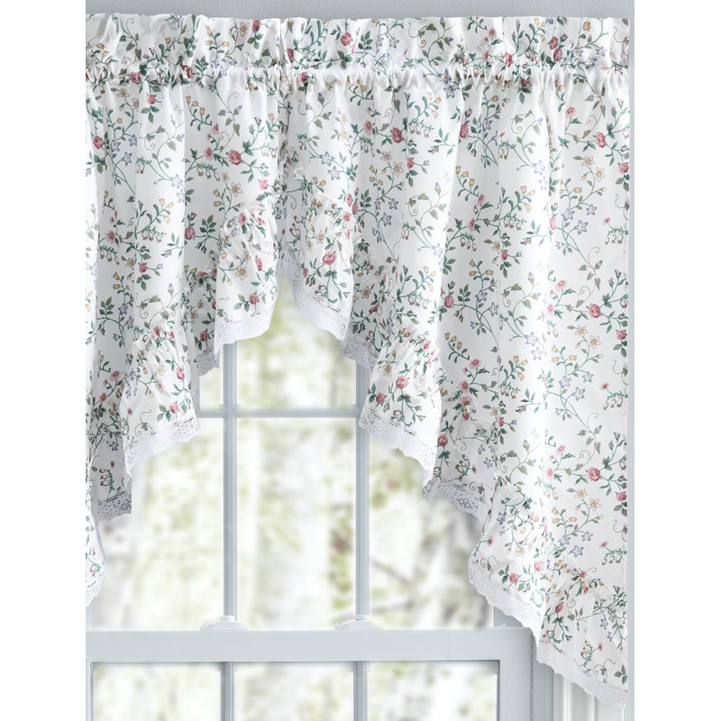 Floral Multicolor Cotton Polyester Rod Pocket Swag with Ruffle Lace Edge