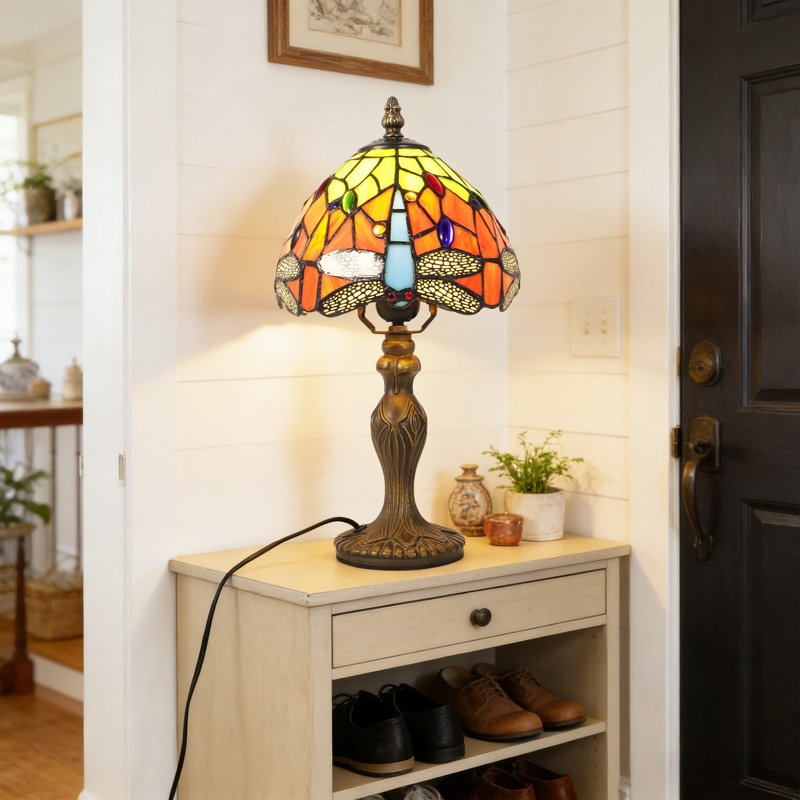 15" Vintage Tiffany Style Dragonfly Stained Glass Table Lamp (Bulb Included)