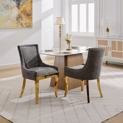 Chenille Dining Chairs Modern Style With Curved Gold  Plated Legs And Rivet Trim Upholstered Comfort