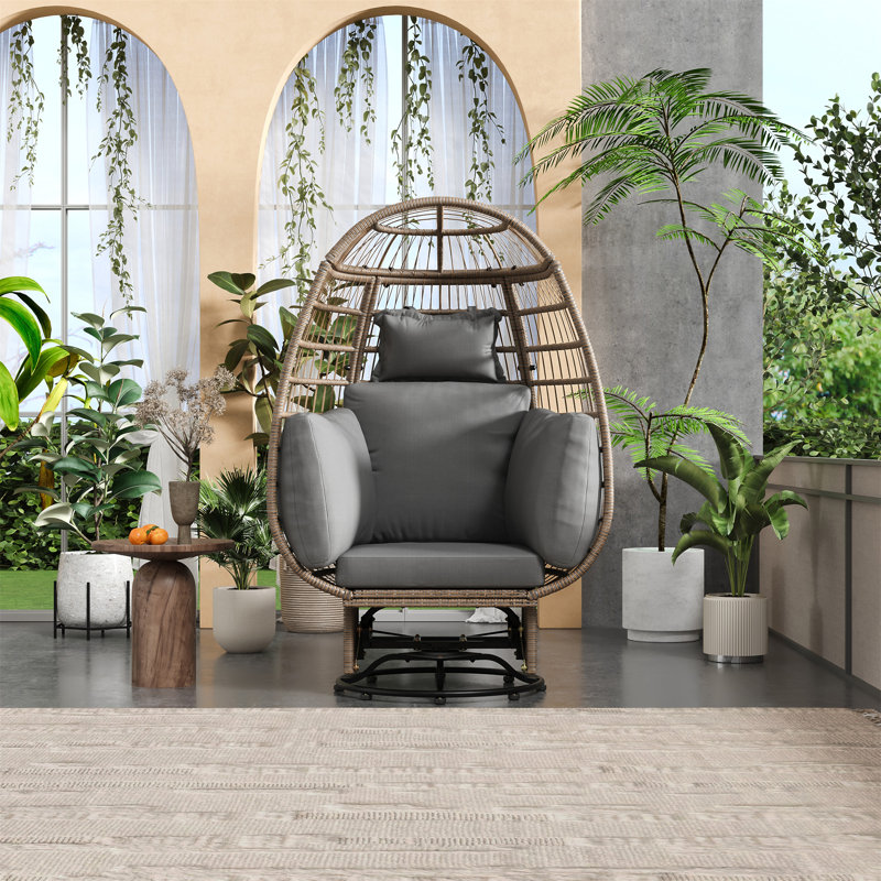Chaise pivotante d'extérieur avec coussins, Naturel, Gris