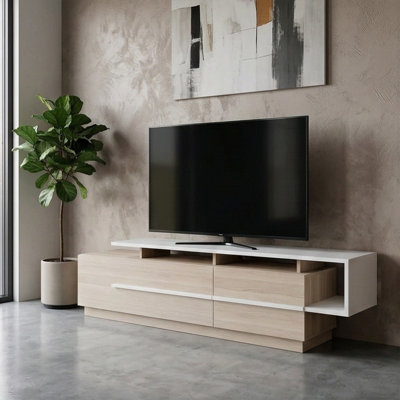 Meuble télé moderne avec plusieurs tablettes, Cordoba et blanc, 70,9 x 18,3 x 15,3 pouces | 100% panneau de particules enduit de mélamine, épaisseur: 0,7 pouce | Conception murale, parfaite pour les salons contemporains