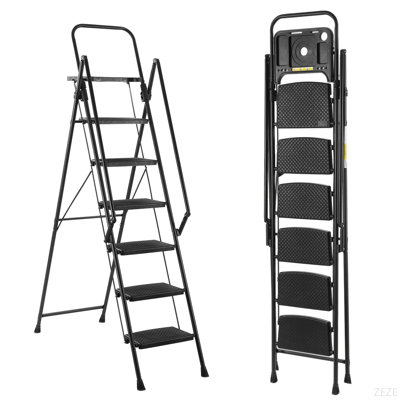 Marchepied pliant avec pédales antidérapantes à bande passante et plateaux à outils, marchepied léger et portable en acier, parfait pour la cuisine et la maison, intérieur et extérieur, escalier en acier robuste (6 niveaux)
