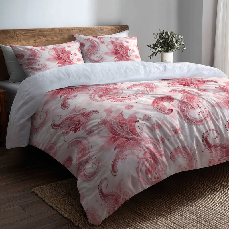 Ensemble de housse de couette 3 pièces French Country - Ensemble de housse de couette et coussin décoratif rouge et blanc à motif cachemire délicat
