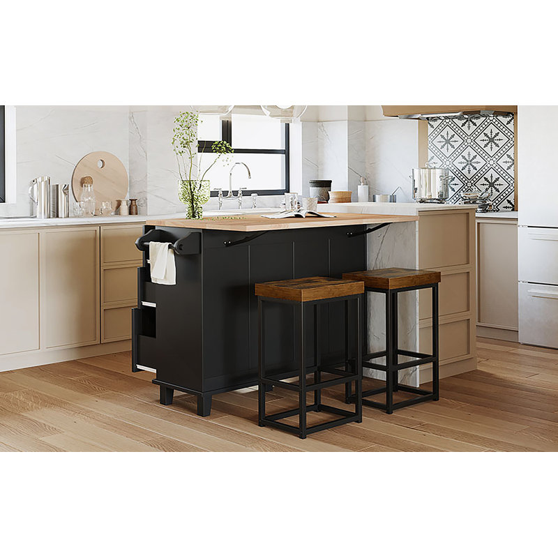 Ensemble d'îlot de cuisine de style campagnard avec abattant, deux sièges et beaucoup de rangement, idéal pour les petits espaces de salle à manger