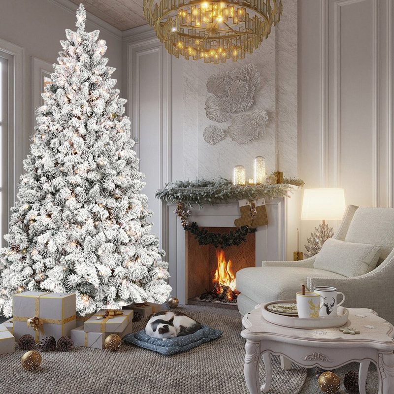 Arbre de Noël enneigé de 8 pi avec 700 lumières ul, 54 pins, neigeux, 1754 pointes, structure à charnières, base en métal robuste pour un décor naturel d'hiver, thème facile à installer