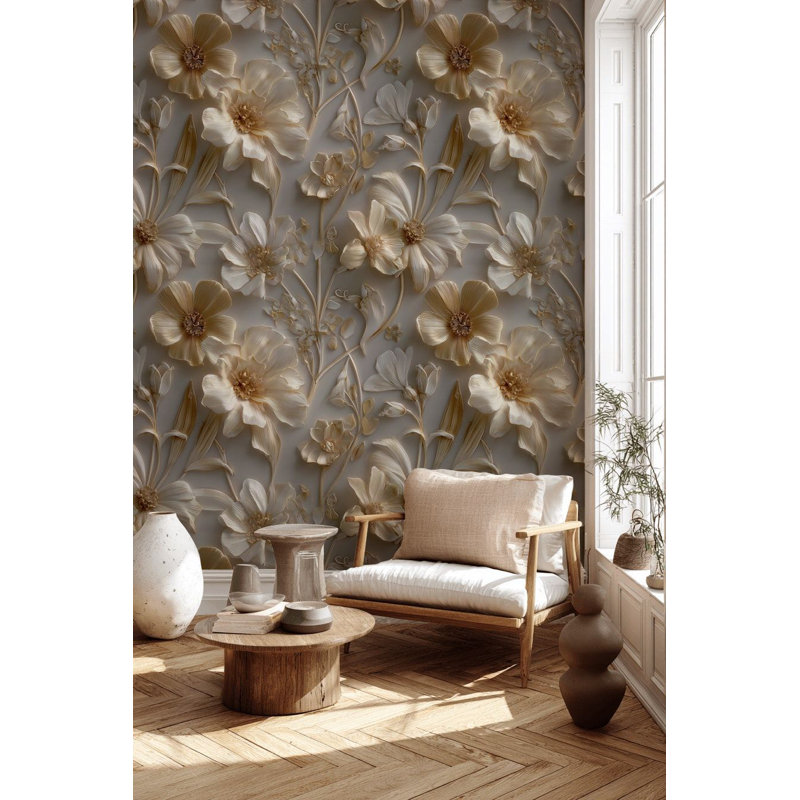 Papier peint botanique beige à motif floral 3D