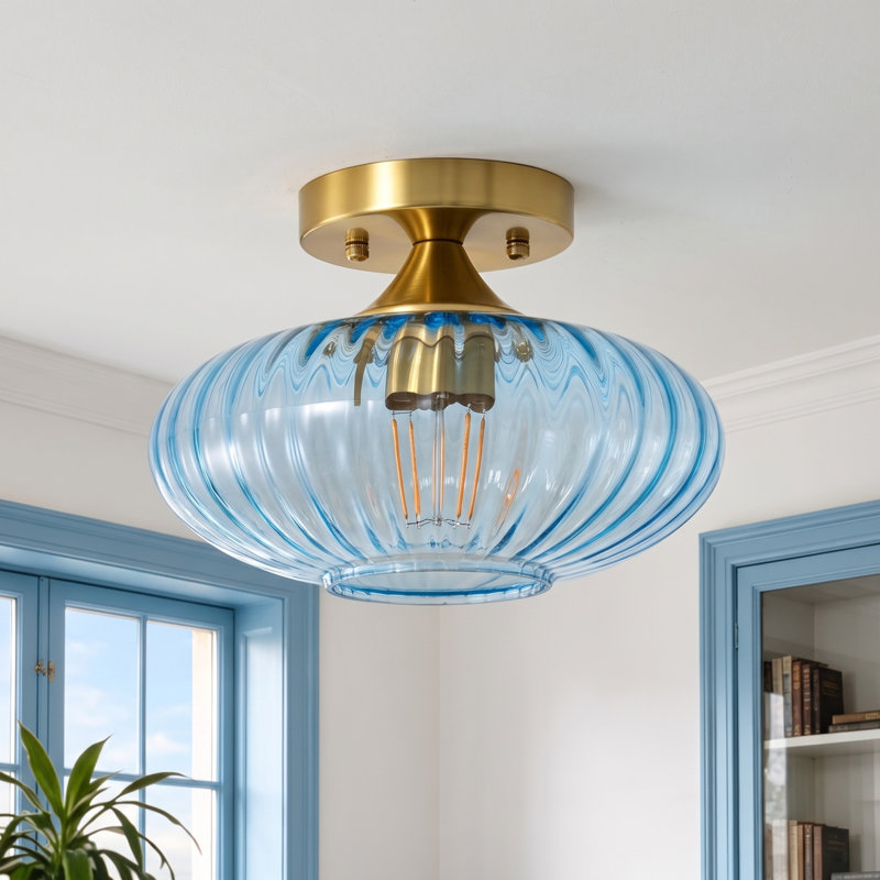 Plafonnier semi-encastré de 25 cm avec abat-jour ovale en verre transparent rayé, Bleu