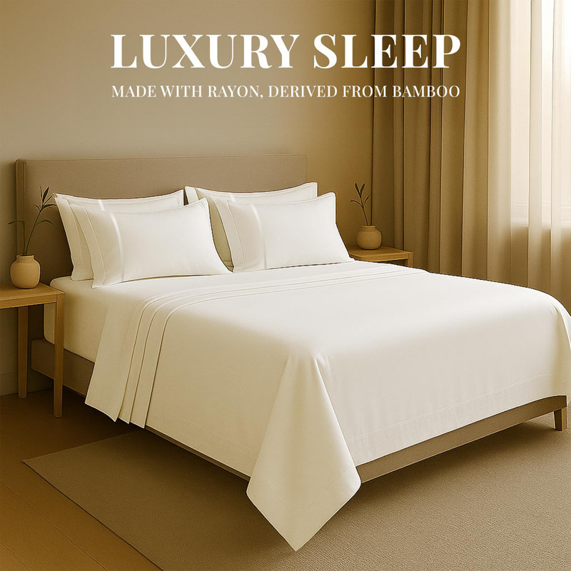 Premium Rayon From Bamboo Blend Sheet Set With Deep Pockets, Cooling and Breathable, White