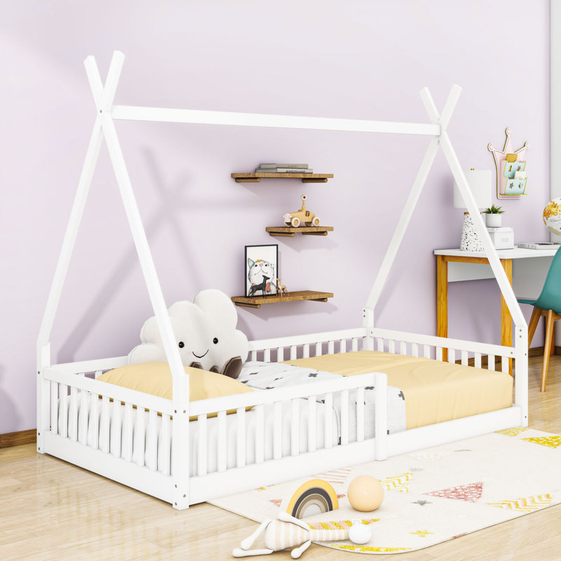 Twin Wood House Bed With Guardrails, House-Shaped Design, White