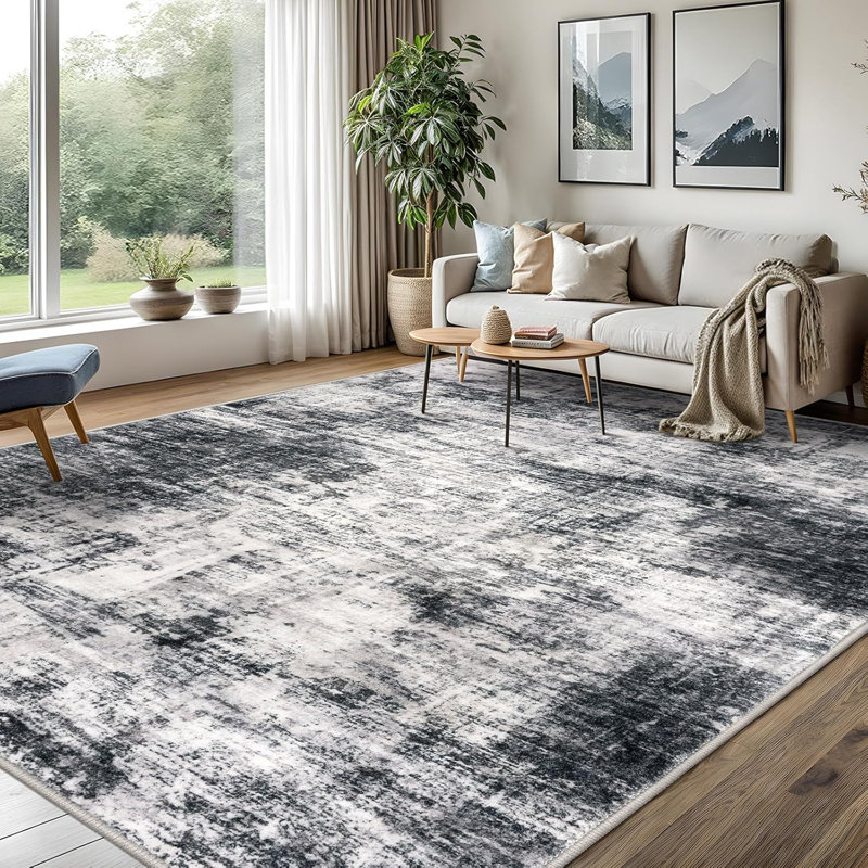 Tapis antidérapants lavables à la machine pour salon, chambre à coucher, Noir / gris / blanc, Rectangulaire 8 pi x 10 pi